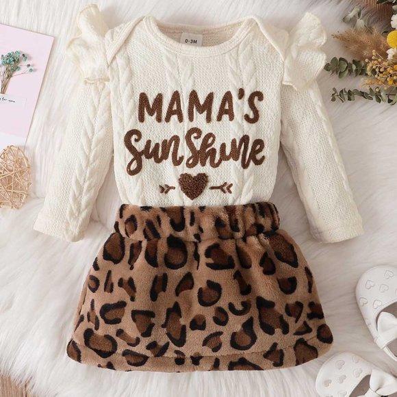 BABY GIRL LETTER GRAPHIC SWEATER AND LEOPARD SKIRT SET - Picture 1 of 8